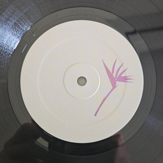 A close-up of a vinyl record with a white center label featuring a pink bird graphic, held by a hand whose reflection is visible on the glossy surface.