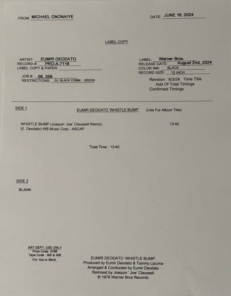 Eumir Deodato-Whistle Bump (Joaquin 'Joe' Claussell Remix)